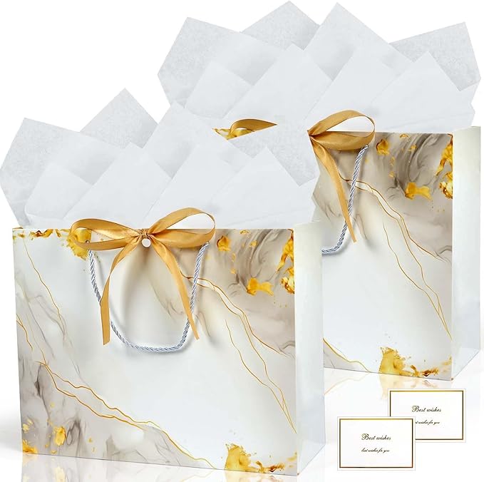 White Gold Gift Bags, 2PCS 13” Large Gift Bags with Tissue Paper and Greeting Cards, Gift Bag with Handles Bow for Women Girls, White Gift Bags for Birthday Wedding Bridal Baby Shower Anniversaries