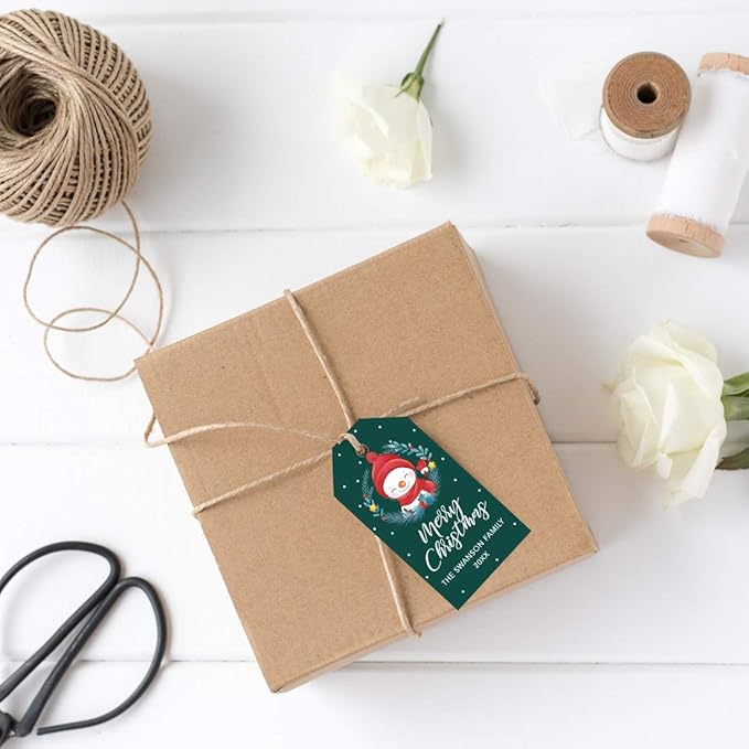 Andaz Press Personalized Classic Gift Tags - Merry Christmas Snowman with Wreath Design, Custom Family Name and Year, 60-Pack