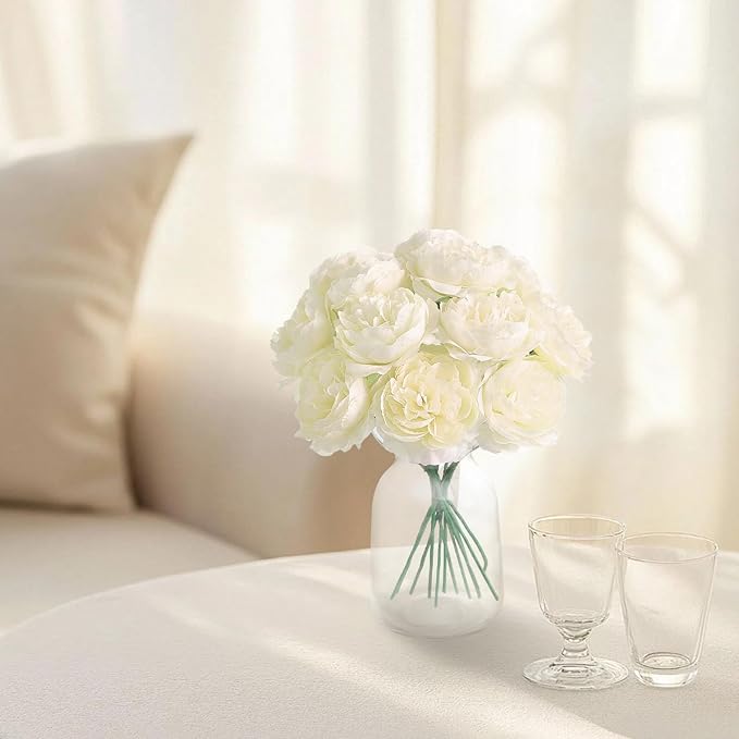 12 PCS Artificial Silk Ivory Peony Flowers with Stems - 8 Inch Fake Peony Bouquet for Wedding, Home Decor, Office Table, Festival Gifts