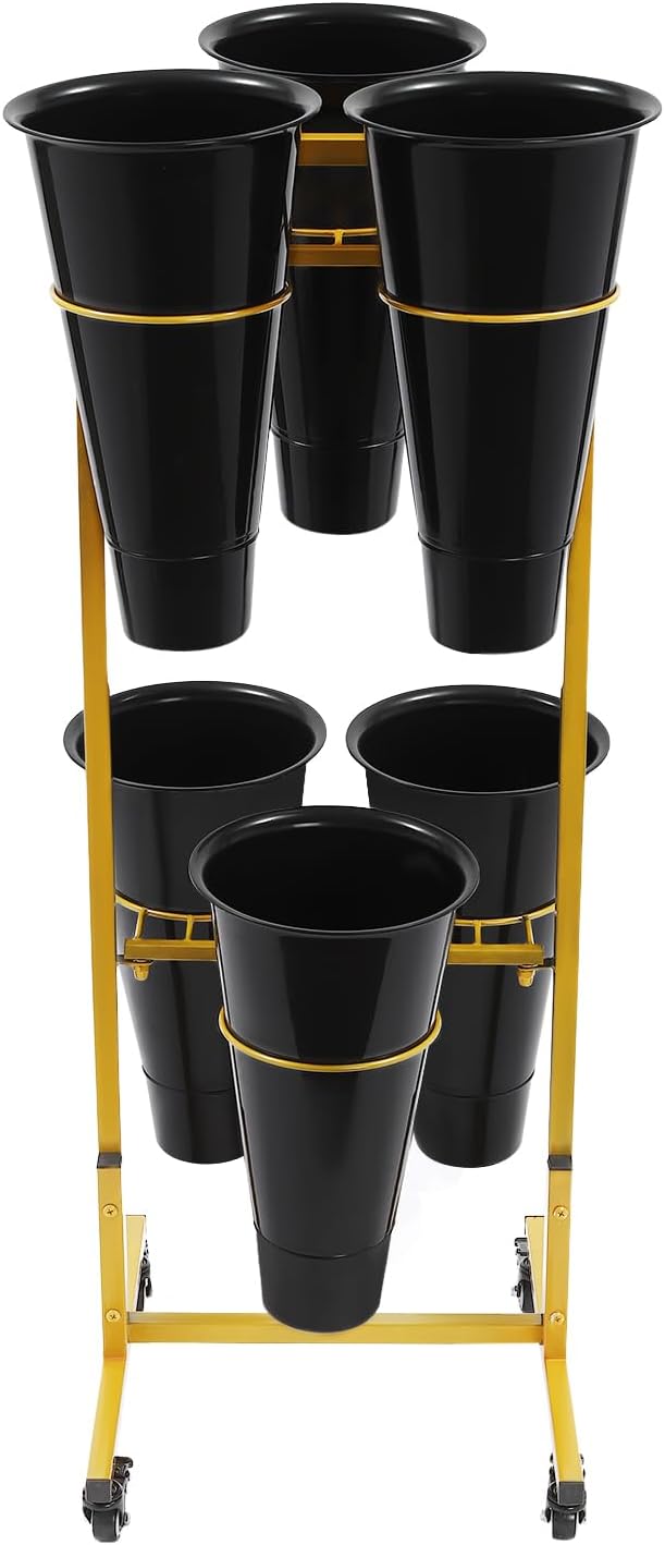 Flower Display Stand with 6 Buckets, Moving Plant Cart Shelf With Wheels and Bucket, Iron Florist Shelf, Indoor Outdoor Flower Rack for Home Patio Balcony (Black)