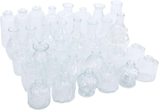 Sorandy 36 Glass Bud Vases, Transparent Multiple Shapes Vintage Embossed Flower Vase Set with Thick Sturdy Crystal Clear Glass for Wedding Home Decor Table Setting