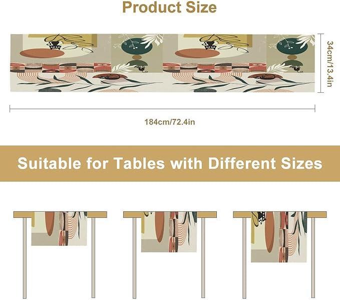 Mid Century Table Runner,Abstract Boho Plant Leaf Botanical Cat Modern Geometric Pattern Print Burlap for Hotel Indoors Outdoor Dining Room Kitchen Home Decor, 13x90in