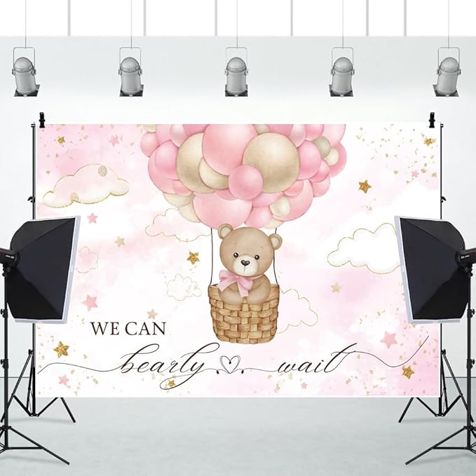 ChloropLastid We Can Bearly Wait Baby Backdrop Girl Bear Hot Air Balloon Baby Shower Photography Background Pink Balloons Clouds Stars Baby Party Cake Photo Decoration 7x5ft