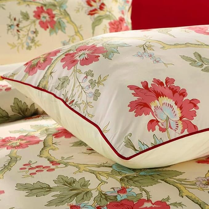 LifeTB Garden Style Floral Duvet Cover Queen Vintage Red Flower Green Leaves Pattern Boho Duvet Cover Aesthetic Flower Bedding Set Farmhouse Cotton Comforter Cover Botanical Bedding Cover Queen