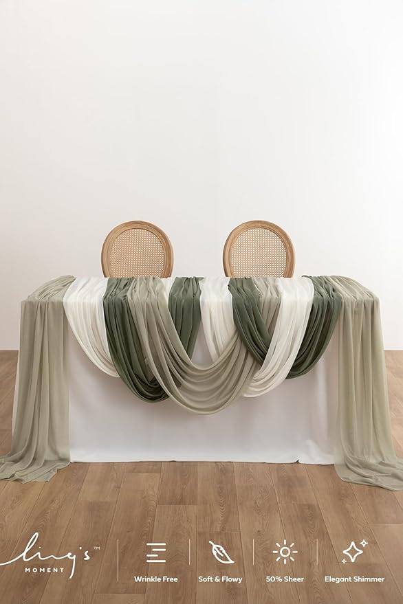Ling's moment Wedding Arch Draping Fabric 3 Panels 20Ft Sage Green Chiffon Fabric,Sheer Hanging Drapes Arrangement for Wedding Ceremony Backdrop Outdoors Party Swag Home Decor (White & Sage)