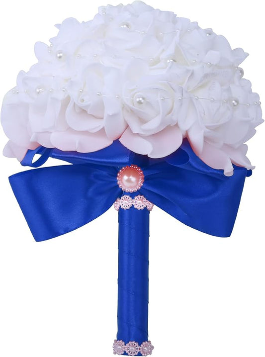 Wedding Bouquets for Brides or Bridesmaids Pearl Embellishment Roses Bridal Bridesmaid Wedding Hand Bouquet Artificial Fake Flowers.(Blue)