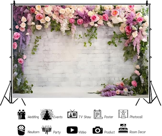 15x8ft Retro White Brick Wall Floral Backdrop Romantic Roses Vine Leaves Photography Background Girls Birthday Party Wedding Bridal Shower Flowers Brick Wall Decoration Supplies Photo Booth Props