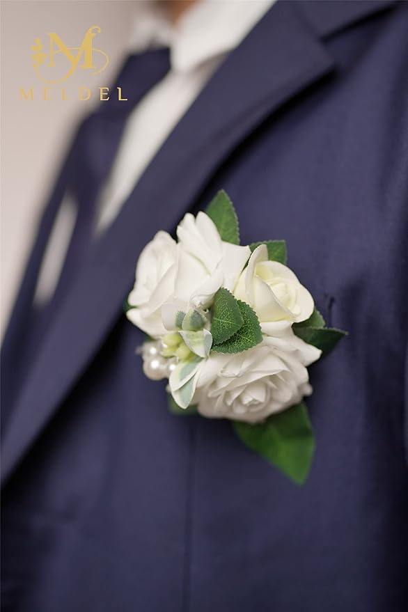 Meldel White Ivory Rose Floral Shoulder Corsages & Boutonniere for Men Wedding, Set of 6, Bride Bridal Bridesmaid Groom Groomsmen Boutineers for Ceremony Anniversary Party Prom Boutonniere