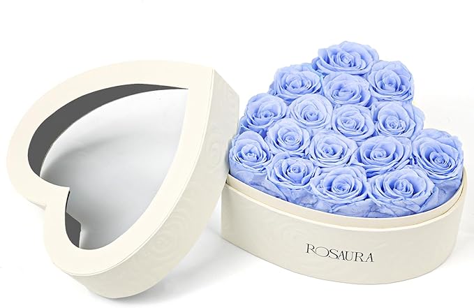 Rosaura Heart-Shaped Preserved Roses Gift Box - Real Forever Flowers for Birthday, Valentine's & Mother's Day (Sky Blue, 16 roses)