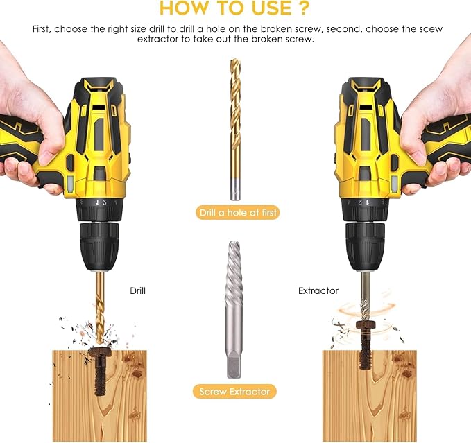 REXBETI 26-Piece Bolt Extractor Screw Extractor Set and Cobalt Drill Bit Set, Case with 13-Piece Bolt Extractor, 6-Piece HSS Drill Bit, 6-Piece Spiral Screw Extractor and 1-Piece Socket Adapter