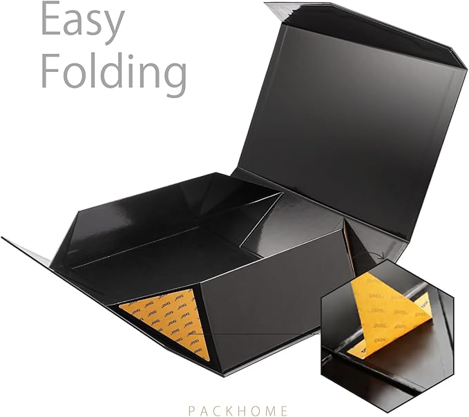 PACKHOME 6 Large Gift Boxes with Lids 13.5x9x4.1 Inches, Sturdy Collapsible Gift Boxes with Magnetic Closure (Glossy Black, Grass Texture)