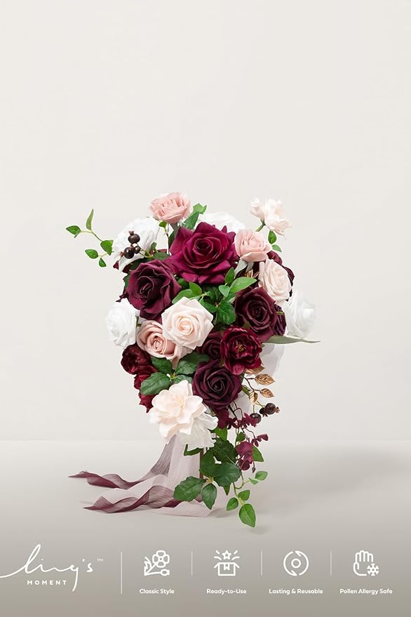 Ling's moment Red Bridal Bouquet Cascading, Burgundy Wedding Bouquets for Bride, 13 Inch Bride Bouquets for Wedding Artificial Flowers Bouquets