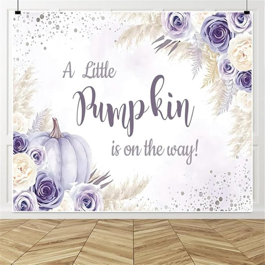 Little Pumpkin Baby Shower Backdrops 10x8ft, A Sweet Little Pumpkin is On The Way Purple Floral Photography Background, Baby Shower Baby Birthday Backdrop Decoration Banner