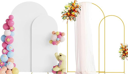 Putros Metal Arch Stand with Cover Set of 2 White Spandex Fitted Wedding Arch Cover and Round Top Chiara Backdrop Stand for Birthday Party Baby Shower Decoration 7.2FT, 6FT