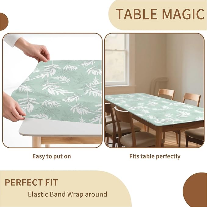 Rectangle Table Cloth Cover Waterproof Elastic Fitted Polyester Fitted Tablecloths for 6 Foot Tables for Indoor,Picnic, Camping, Outdoor （72" x 30"，Palm Leaf）