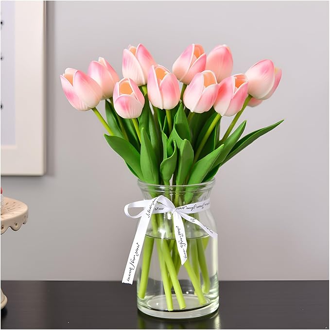 18pcs Artificial Tulips 13" PU Artificial Flowers for Family Friends Gifts DIY Flower Arrangement Home Kitchen Office Party Wedding Dining Table Decoration, Light Pink
