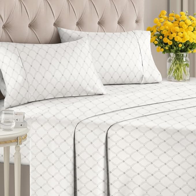 Floral Sheets - Neutral Floral Bed Sheet Set - 1 Flat & 1 Fitted & 2 Pillowcases w/ Deep Pockets - Comfy, Wrinkle & Fade Free Boho Botanical Bedding - Ultra-Soft, Breathable & Cooling - Queen Size