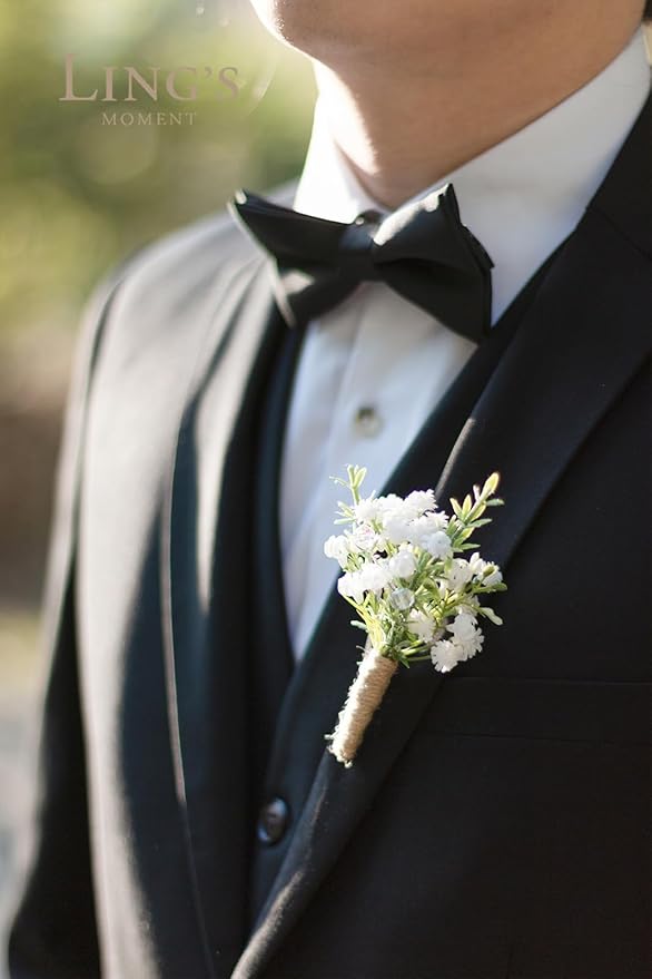 Ling's Moment Boutonniere for Men, 10pcs Groomsmen Guest Boutonniere, Artificial Flowers for Wedding Décor/Prom/Homecoming,etc.Baby Breath White