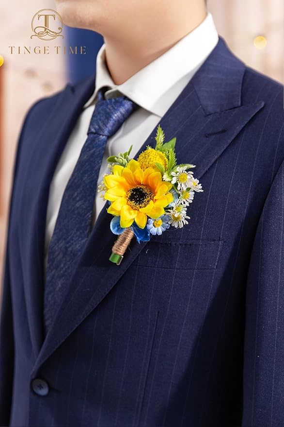 TINGE TIME Boutonniere for Men Wedding,Groom and Best Man Boutonniere for Wedding Ceremony Anniversary, Formal Dinner Party and Rustic Summer Weddings Marriage (Sunflower&RoyalBlue)