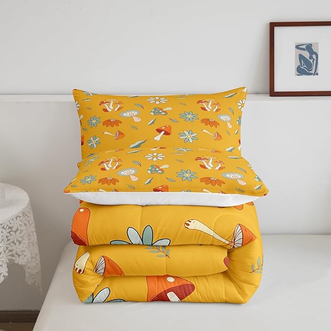 Castle Fairy Retro Hippie Mushroom Comforter Set Full Size,Groovy Flowers Floral Bedding Comforters for Girls Teens Gift,Yellow Boho Quilt Set with 2 Pillowcases,Chic