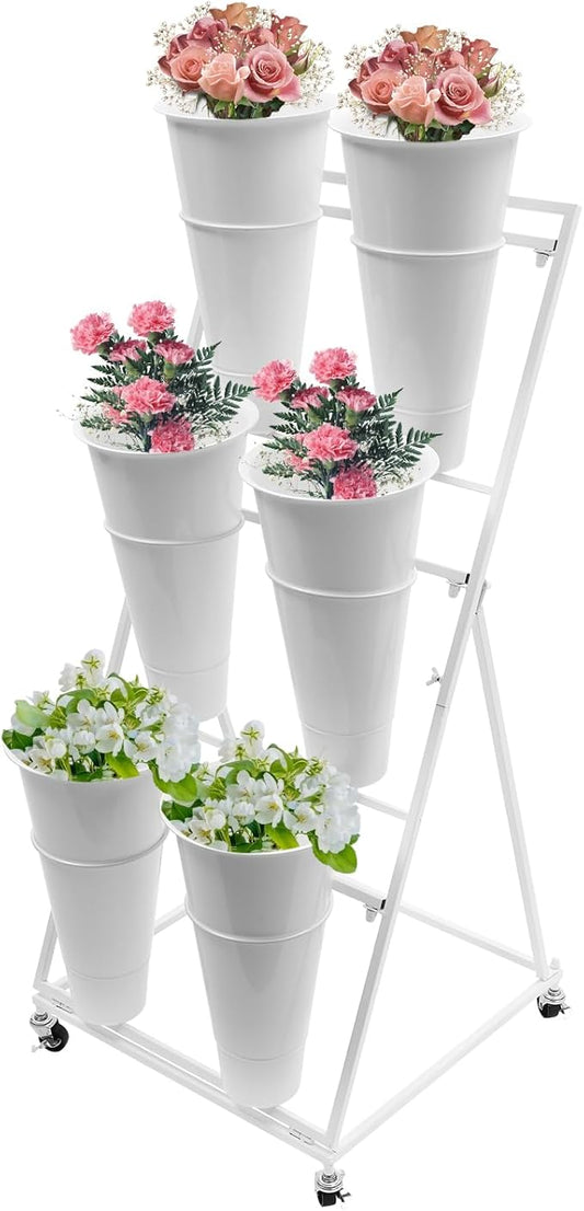 DYRABREST Flower Display Stand with Buckets, 3 Layers Metal Plant Stand with 6 Pieces Buckets, Moving Florist Bouquet Shelf for Fresh Flower Shop, for Patio Garden, Outdoor Flower Pop-Up Events