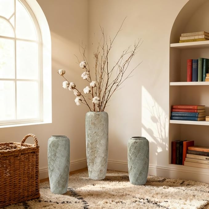 19.7 Inch Rustic Ceramic Tall Floor Vase, Slim Tapered Rustic Farmhouse Vase for Dried Stems & Pampas, Neutral Beige Decorative Vase for Living Room