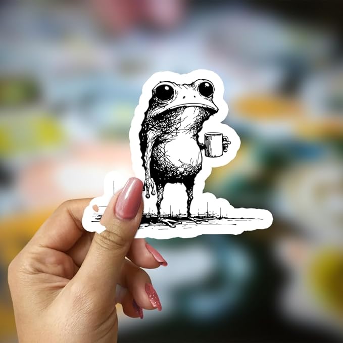 HANDICHI Design 5-Pack 5 Inch Funny Coffee Frog Stickers – Grunge Meme Vinyl Decals – Tired Frog Holding Coffee Cup Aesthetic Sticker Pack for Laptops, Water Bottles, Journals, and Scrapbooks