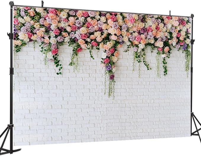 10X8FT White Brick with Flowers Backdrop Occasions Mother's Day Wedding Bridal Shower Birthday Party Banner Background Supplies DH-357