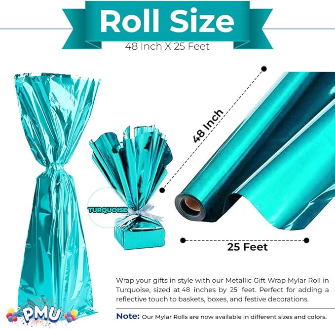 PMU Gift Wrap Mylar Roll Metallic Turquoise 2-sided, 48 Inches X 25 Ft Roll 1.4 Mil Highly Reflective Mylar Film, Great for Gifts, Birthdays, Christmas, Baskets, Arts & Crafts