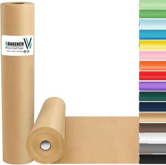 Vanhench Brown Wrapping Paper Roll, Craft Kraft Paper 17.5"x 1200"(100') for Gift Wrapping Bulletin Board Arts Bouquet Flower Table Covering Poster Packing Shipping Christmas Supplies 70GSM 50LB