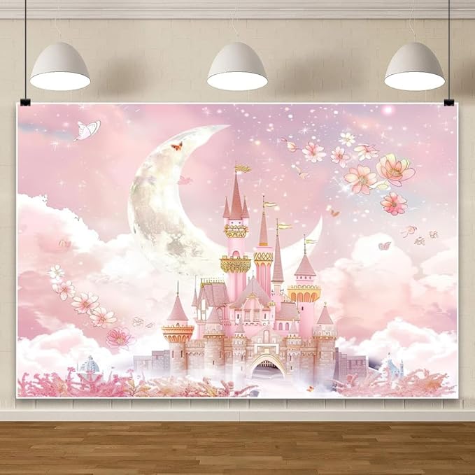 AOFOTO 5x3ft Princess Pink Castle Backdrop Floral Castle Backdrop for Photography Moon Clouds Flowers Fantasy Fairy Tale Party Decoration Banner Girls Newborn Baby Shower Birthday Photoshoot Props