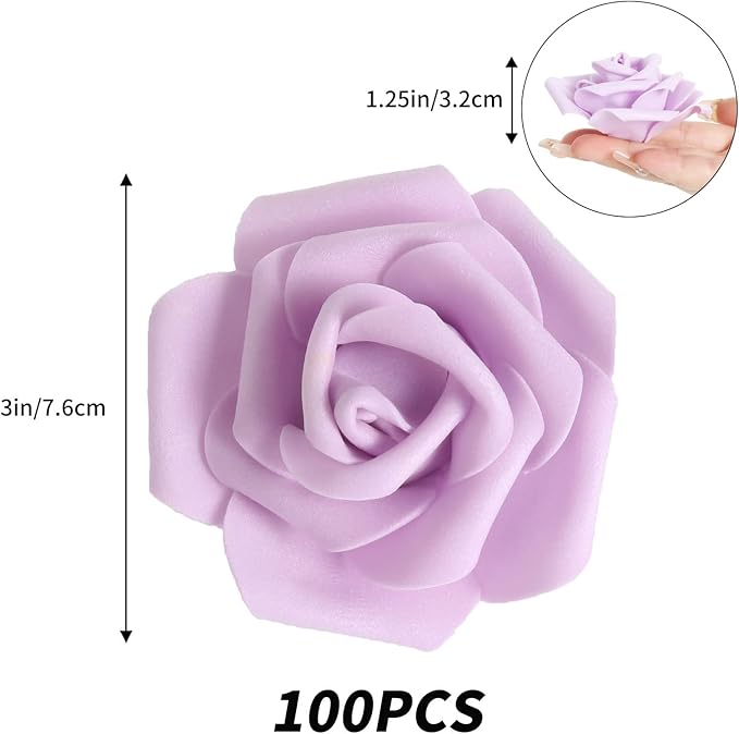 IPOPU 100Pcs Artificial Foam Roses Flowers Heads, 3in Stemless Lilac Foam Fake Flowers Bulk for Crafts, Wall Decorations, DIY Wedding Receptions, Bridal Shower, Faux Bouquets, Party Home Decor(Lilac)