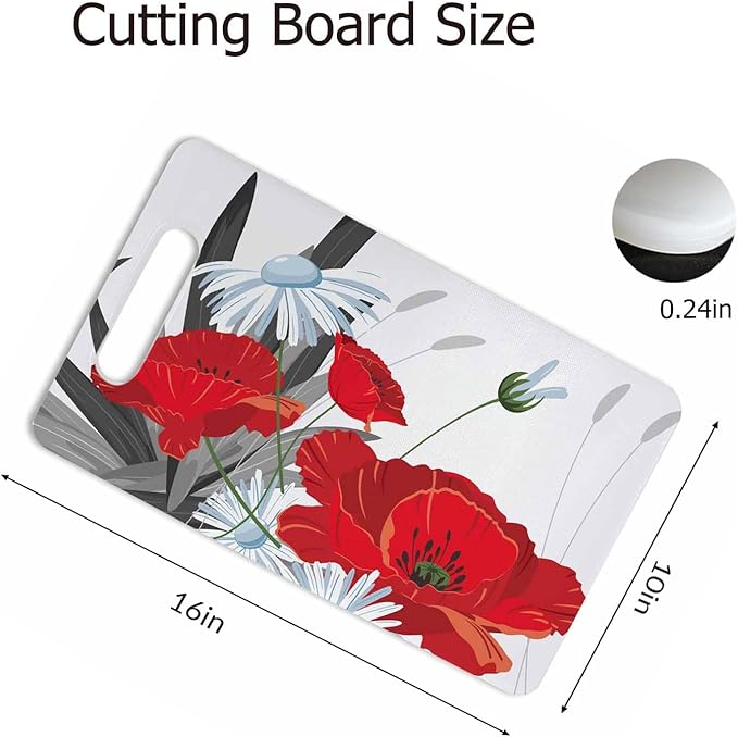 Flowers And Leaves Cutting Boards Red White Summer Cutting Boards Kitchen Chopping Board with Handles Non Slip Plastic 16 x 10 x 0.24 Inch