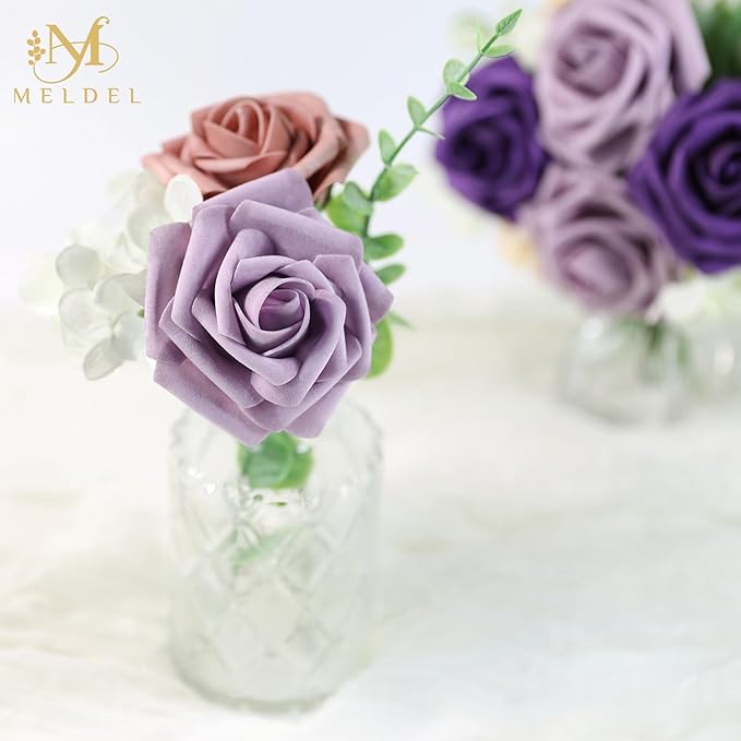 Meldel Artificial Flowers 50pcs Real Looking Purple Lilac Foam Fake Roses with Stems for DIY Wedding Bouquets Bridal Shower Centerpieces Floral Arrangements Home Decorations
