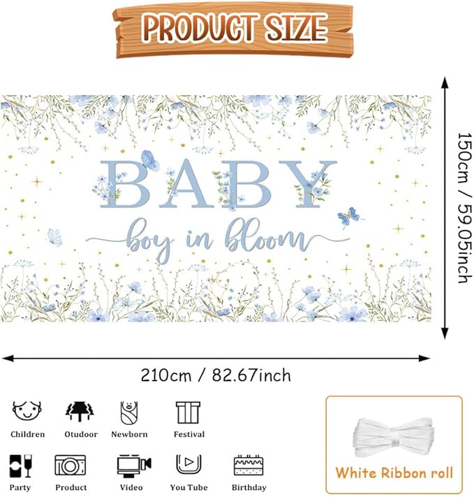 7x5ft Baby Boy in Bloom Backdrop for Boys Wildflower Baby in Bloom Baby Shower Decorations Banner Blue Floral Baby Shower Photography Background Cake Table Decor Supplies Photo Booth Prop