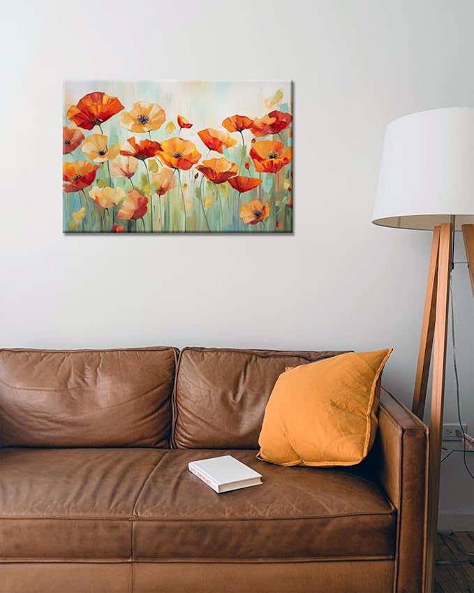GLOKAKA Vibrant Poppies Wall Art Floral Red and Orange Watercolor Poppy Flower Painting Print Canvas Artwork For Living Room Bathroom Dinning Room Decor (Vibrant Poppies, 36"x24")