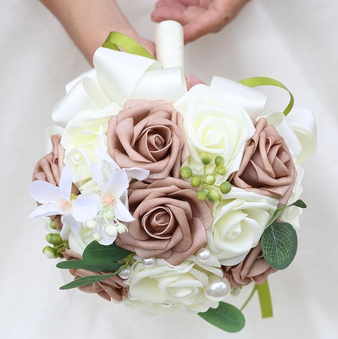 Lightweight Bridal Wedding Bouquet Round Holding Bouquet Throw Toss Artificial Rose Flower Bunch for Bride Bridesmaid Wedding Quinceanera (Cream & Rosy Brown, 6.7")