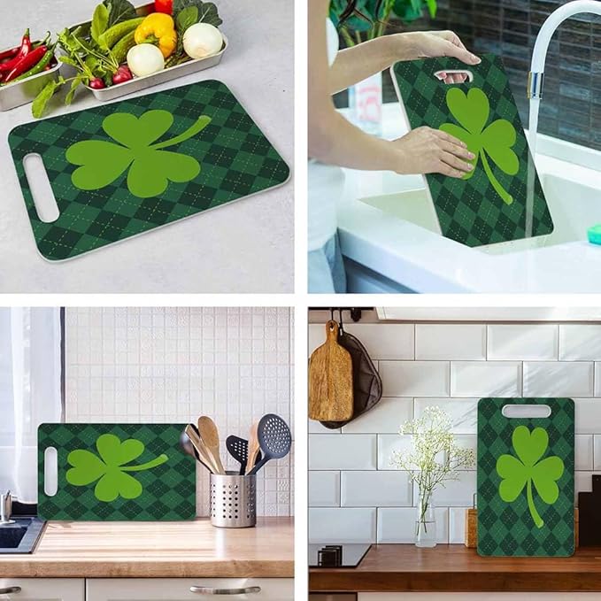 Clover Leaf Cutting Board St. Patrick's Day Green Geometric Stripes Cutting Boards Kitchen Chopping Board With Handles Non Slip 16 x 10 x 0.24 Inch