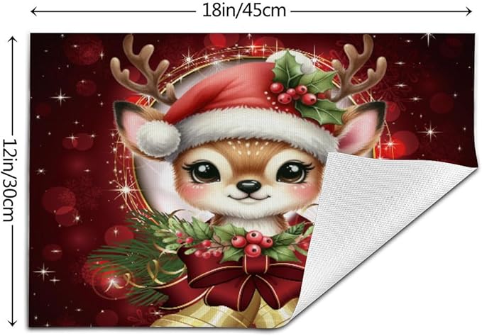 PVC Placemats Set of 6 Wipeable Table Mats Washable Heat Resistant Non Slip Vinyl Dining Table Mat for Kitchen Indoor Outdoor Patio Farmhouse Place Mats Red Christmas Bell Deer Decorative