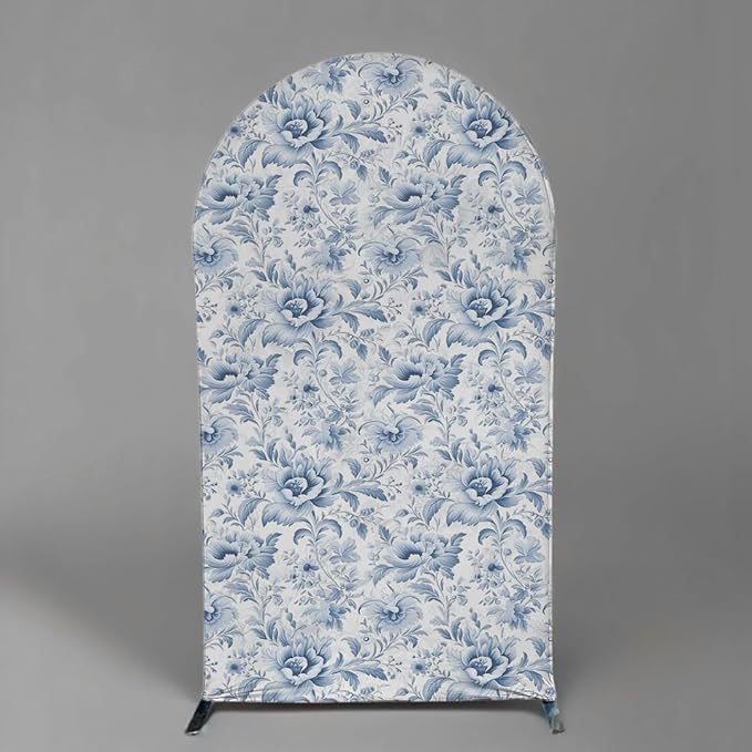 French Toile Arch Backdrop Cover Blue White Floral Baby Shower Birthday Party Elegant Vintage Theme Spandex Arch Stand Cover for Boys Newborn Celebration Tea Party Decor (G4260,6FT)