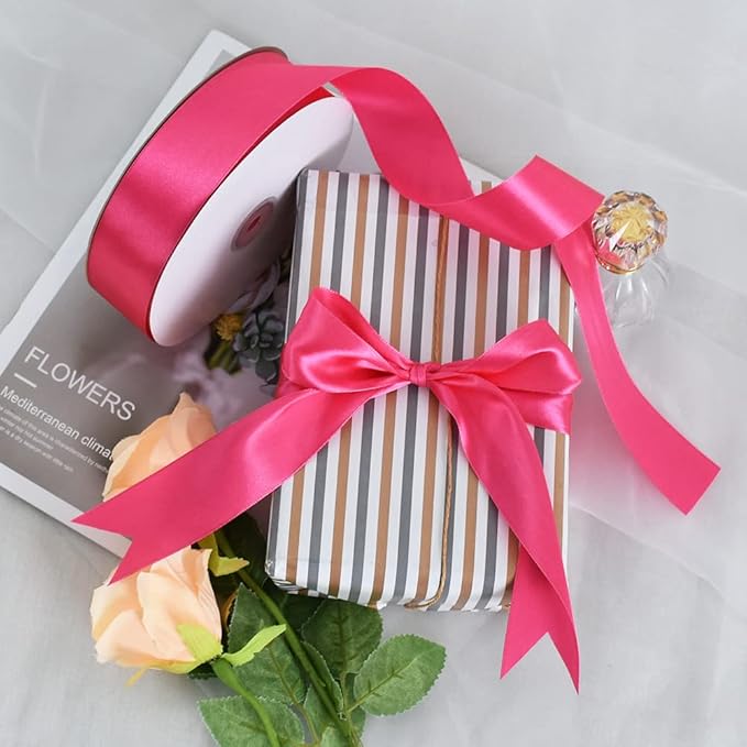 TONIFUL 1-1/2 Inch (40mm) x 100 Yard Shocking Pink Wide Satin Ribbon Solid Fabric Ribbon for Gift Wrapping Chair Sash Valentine's Day Wedding Birthday Party Decoration Hair Floral Craft Sewing