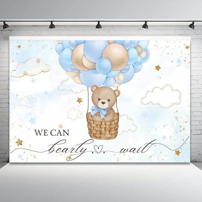 10x6.5ft Baby Shower Backdrop Bear Hot Air Balloon Photography Background Blue Brown Balloons White Cloud Glitter Gold Stars Birthday Party Banner Decorations Newborn Parties Photo Booth Prop