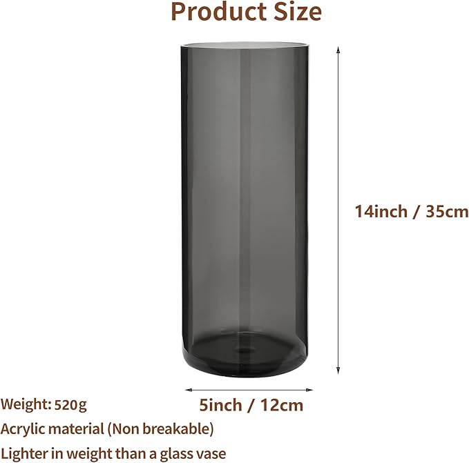 Flower Vase, Non-breakable Vases, 5" W x 14" H, Acrylic Grey Vase, Aesthetic Room Decor Cylindrical Modern Flower Vases for Table Centerpiece, Home Decor, Women Floral Arrangement Gift