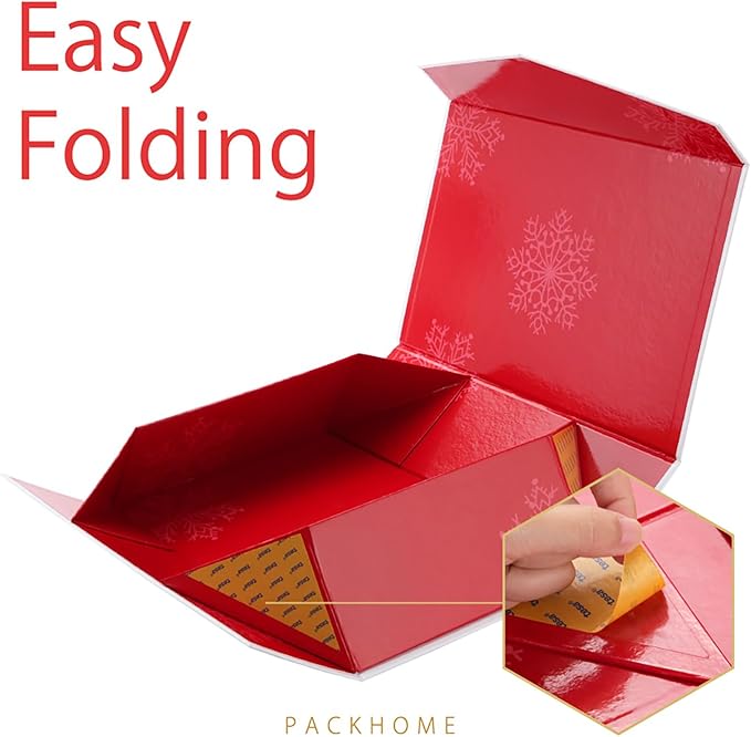 PACKHOME 6 Large Christmas Gift Boxes with Lids 13.5x9x4.1 Inches, Sturdy Collapsible Gift Boxes with Magnetic Closure (Red Snowflake Pattern)