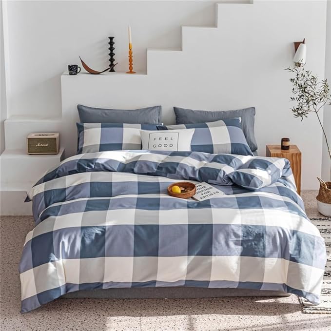 LifeTB Twin XL Comforter Set Modern Style Plaid Checkered Pattern Comforter Soft Fluffy Blue White Grey Geometric Comforter with 2 Pillowcases for Men Boy Teen All Seasons Comforter Set Twin XL Size