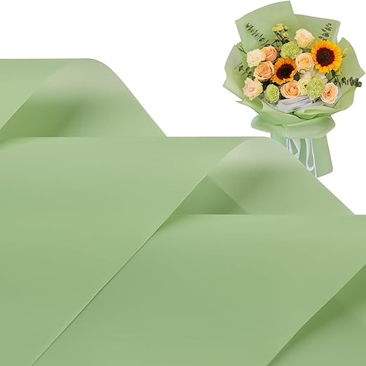 Jutieuo 20 Sheets Light Green Flower Wrapping Paper, Waterproof Solid Floral Bouquet Wrapping Paper, Florist Supplies Packaging for Wedding Birthday Gift DIY Craft (22.0 x 22.0 inch)