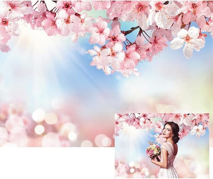 Renaiss 12x8ft Cherry Blossom Floral Backdrop Pink Flower Sunshine Bokeh Romantic Nature Scenery Photography Background for Wedding Bridal Shower Birthday Party Decor Photo Booth Props