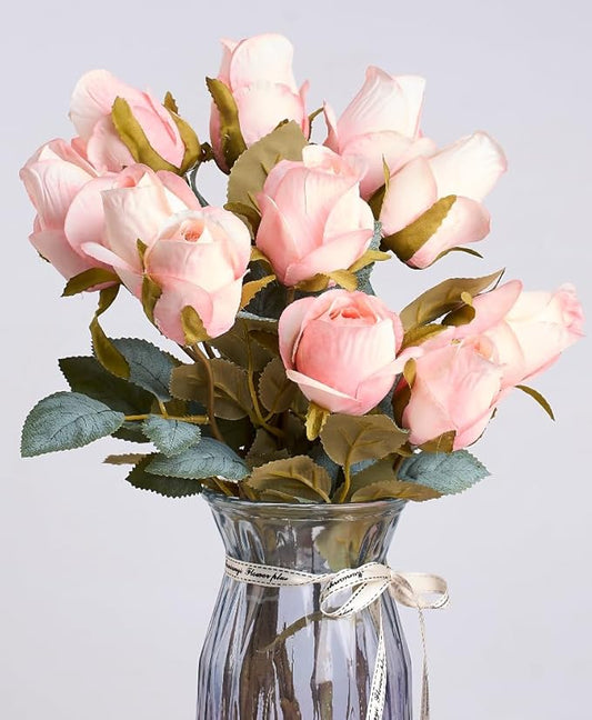 Rose Artificial Flower Buds 12pcs Realistic Faux Silk Roses Fake Flowers Bouquets Arrangements Decor for Wedding Spring Mother's Day, Home Table Decorations, Champagne Flower