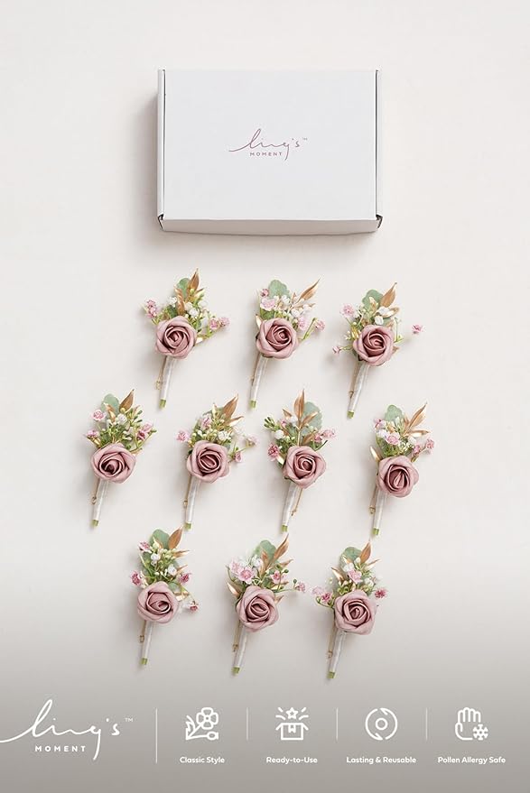 Ling's Moment Boutonniere for Men, 10pcs Groomsmen Guest Boutonniere, Artificial Flowers for Wedding Décor/Prom/Homecoming,etc.Dusty Rose Pink
