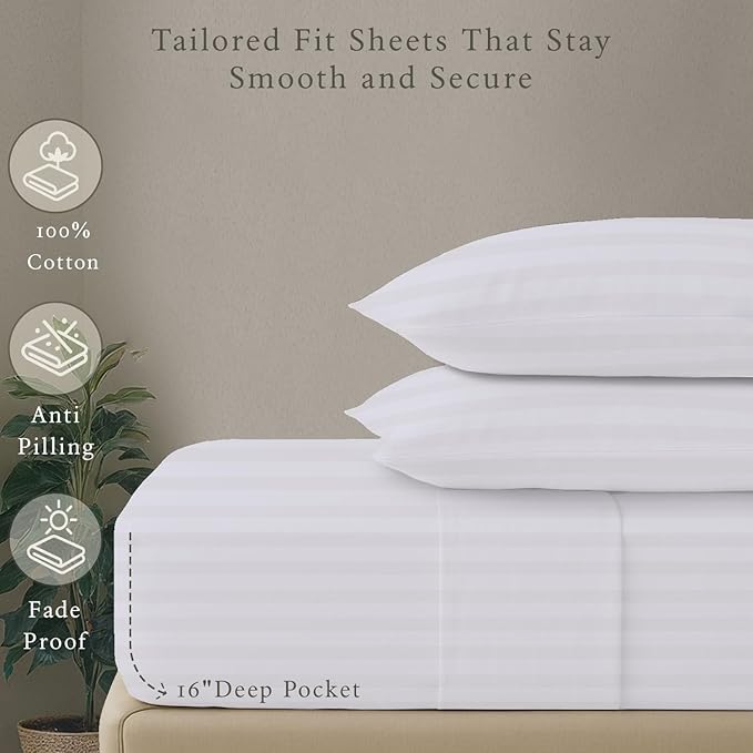 Threadmill 500 Thread Count King Size Damask Stripe, 4 Pc Luxury Cotton Bed Sheet Set, Silky Soft Hotel White Sheets with 16" Elasticized Deep Pocket, 2 Pillowcases & Free Tote Bag